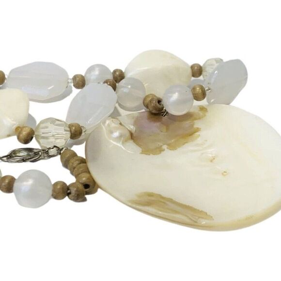 Oversized White Shell Pendant Statement Necklace 19" Icy Glass Beaded Bohemian - Picture 7 of 8